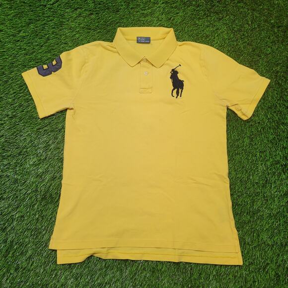 Y2K Ralph Lauren Big Pony Polo Mens Small Yellow Blue Number 3 Logo - Picture 1 of 6